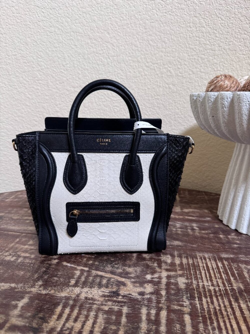 Celine Luggage Python Black White Leather Bag + COA